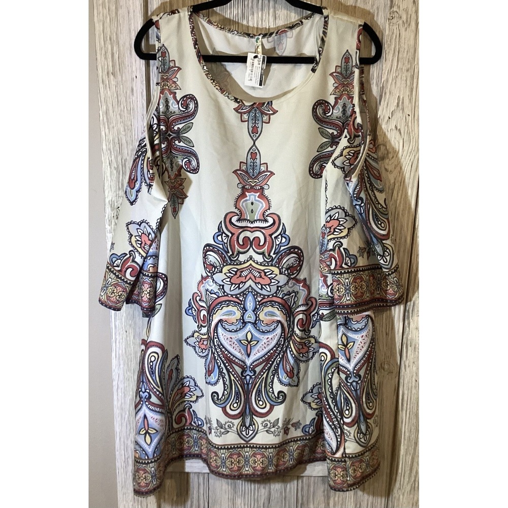 Auditions Women Dress 2XL Cold Shoulder Cream Paisley